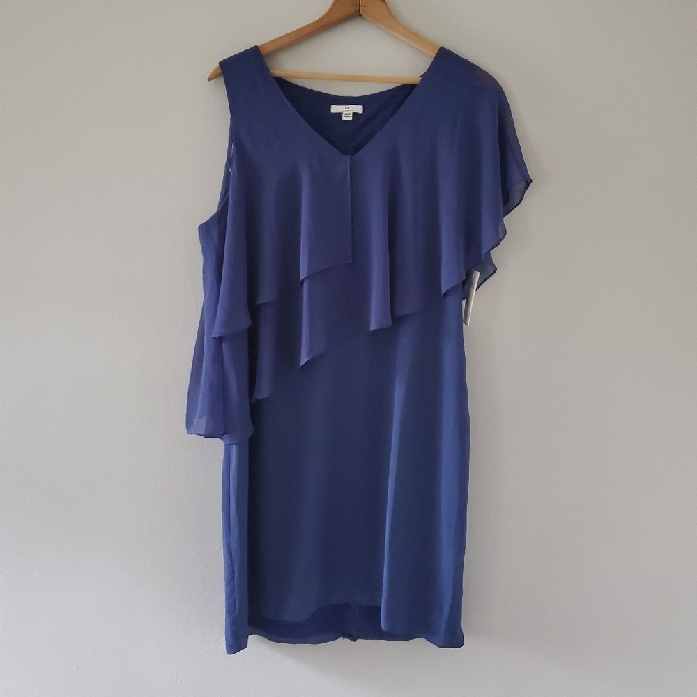 NWT Halston Navy Blue Flounce Overlay Dress